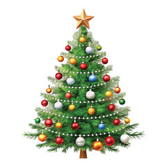 Realistic Christmas Tree with lights, red and gold Christmas balls, gold tinsel garland and stars png design