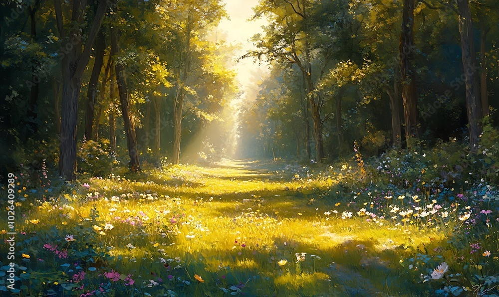 Aufkleber A serene forest scene with sunlight streaming through trees, illuminating a path adorned with flowers, creating a tranquil and enchanting atmosphere.