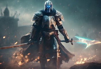 Naklejka premium A ghost soldier in ancient armor, with wounds all over his body, stands on a battlefield filled with fog and the remains of old weapons.