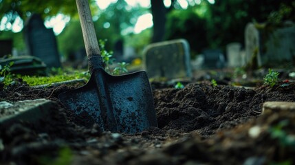 A shovel is stuck in the ground of a cemetery, perfect for use as a symbol or metaphor in various contexts