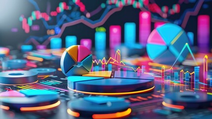 Business growth with 3D pie charts and financial symbols