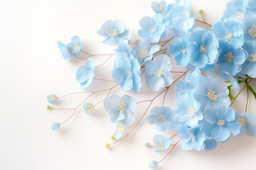 Soft blue flowers gracefully laid out against a pristine white backdrop evoke feelings of calm and elegance, ideal for various commercial applications and creative projects