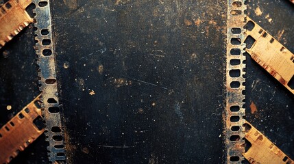 Blank, scratched film strip texture with heavy grain and dust particles, with a light leak effect creating a vintage, nostalgic feel over a black