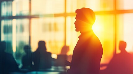 Business leader silhouette addressing a team in a blurred office setting, symbolizing leadership, innovation