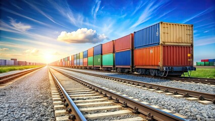 Fototapeta premium Low angle view of railway track with container trains against sky blue background