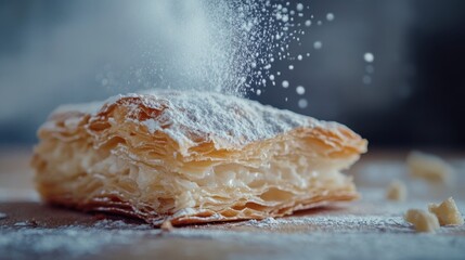 Delicious puff pastry being sprinkled with powdered sugar