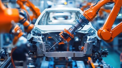 Close-up of a car being assembled in a modern automotive factory, showing detailed precision and advanced technology in vehicle production.