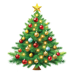 Realistic Christmas Tree with lights, red and gold Christmas balls, gold tinsel garland and stars png design