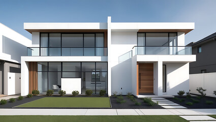 View of luxurious modern house exterior with dining space and garden.