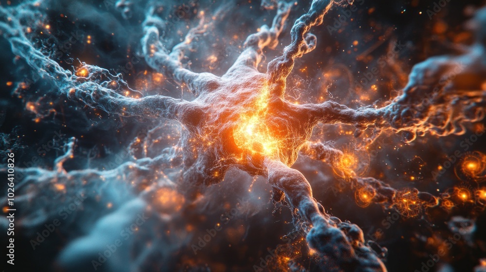 Poster a close up of a brain with a bright orange spot in the middle