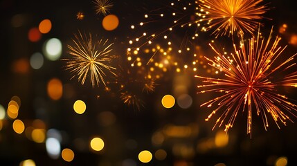 Fototapeta premium A dark night sky illuminated by golden bokeh lights and flashes of fireworks, creating a festive and celebratory scene.
