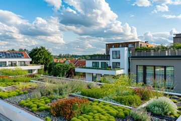 Obraz premium A lush green roof covered with various plants and foliage