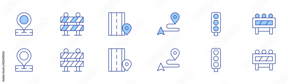 Poster road icon set in two styles, duotone and thin line style. editable stroke. placeholder, road block, 