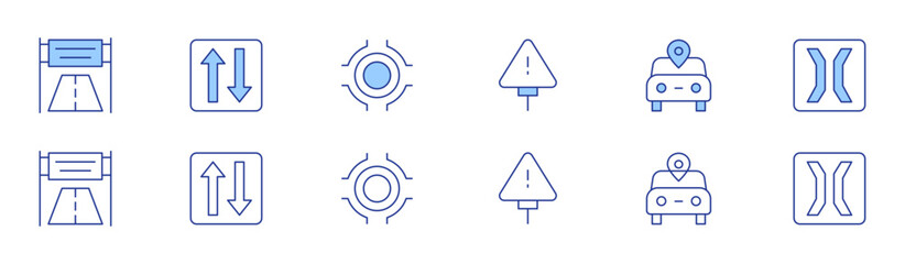 Road icon set in two styles, Duotone and Thin Line style. Editable stroke. warning sign, holidays, road banner, narrow bridge, two ways, roundabout