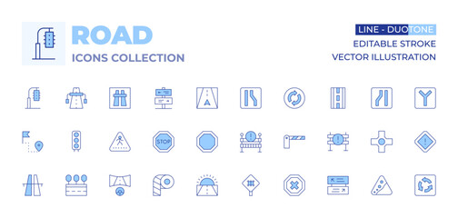 Road icons collection. Line Duotone style, editable stroke. zebra crossing, stop, railway, road, police line, racing game, distance, traffic lights, barrier, road block, highway