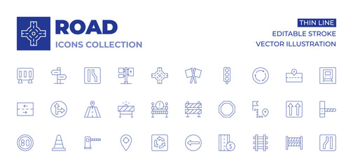 Road icons collection. Thin Line icons, editable stroke. go straight or right, right, traffic cone, road sign, road, road barrier, speed limit, road block, roundabout, tracking, barrier