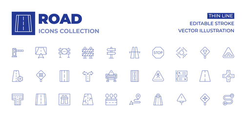 Road icons collection. Thin Line icons, editable stroke. road, warning sign, motorway, zebra crossing, frost, two ways, placeholder, settings, impediment, railway, direction