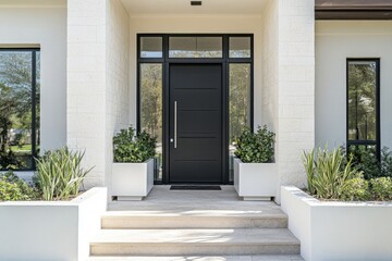 A black front door with greenery in pots, perfect for exterior or interior use