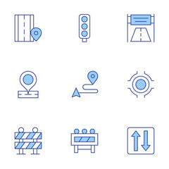 Road icons set. Line Duotone style, editable stroke. placeholder, road block, road, traffic lights, road banner, barrier, two ways, roundabout
