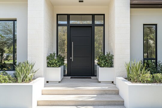 A black front door with greenery in pots, perfect for exterior or interior use