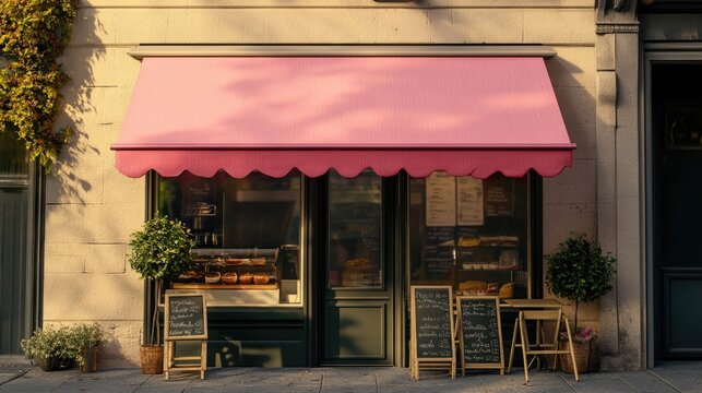A pink awning outside a small town bakery, perfect for use in food or local business themed projects