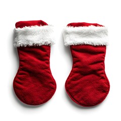 Pair of festive red christmas stockings with white fur trim on white background
