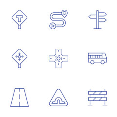 Road icons set. Thin Line style, editable stroke. frost, road sign, bridge road, fence, t junction, destination, roundabout, road trip, road