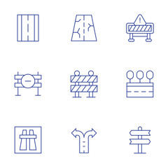 Road icons set. Thin Line style, editable stroke. road, motorway, road signs, two ways, road barrier, impediment, road block