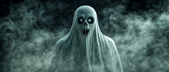 Naklejka premium A ghostly figure with a skull on its face stands in front of a foggy mist
