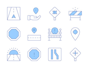 Road icons. Line Duotone style, editable stroke. stop, railway, road, frost, location, road block, tracking, barrier, narrow