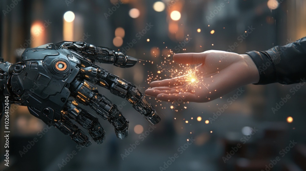 Poster a robotic hand and a human hand reach out to each other, with a spark of energy passing between them