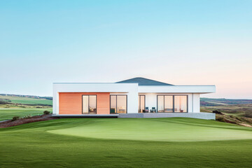 Obraz premium Modern house on a golf course at sunset with a clear sky and lush green landscape