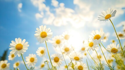 Delicate chamomile flowers stretch towards the sky, bathed in warm sunlight with puffy clouds overhead, creating a perfect