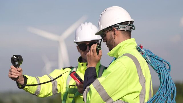Two engineers wearing high visibility safety jackets and helmets measure wind speed with an anemometer and analyze data on a tablet at a renewable energy site. The cloudy sky adds depth to the scene.