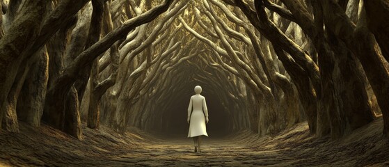 A person is walking through a forest with trees that are very tall