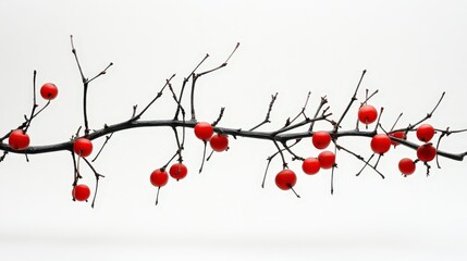 Bold Berries: Minimalistic Graphic Animation of Vibrant Red Berries on Thorny Barberry Branch Against White Background