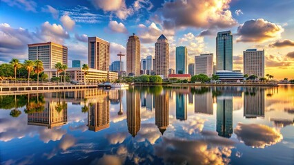 Obraz premium Palm fringed Tampa skyline reflecting on water in macro view
