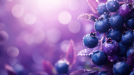 Fresh blueberries with droplets on purple background create vibrant scene