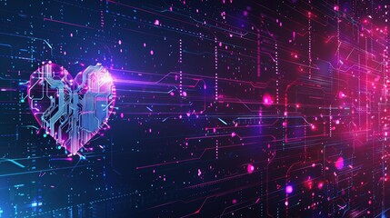 Futuristic Valentine's Day Background with Glowing Neon Pink and Blue Heart-Shaped Circuits