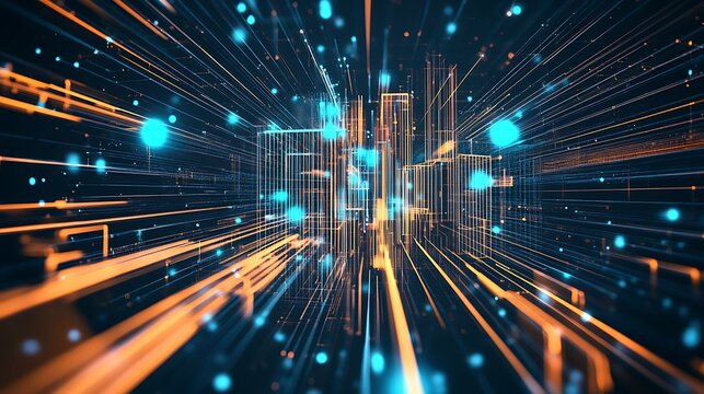 Abstract 3D background with flowing digital particles and grids, symbolizing advanced tech and network capabilities with copy space.