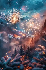 Bright fireworks over a mountain village at sunset, celebrating with light