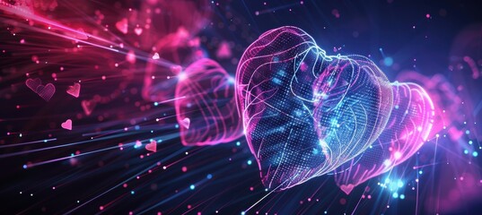 Futuristic Valentine's Day Neon Heart Patterns with Glowing Grid Background for Digital Designs