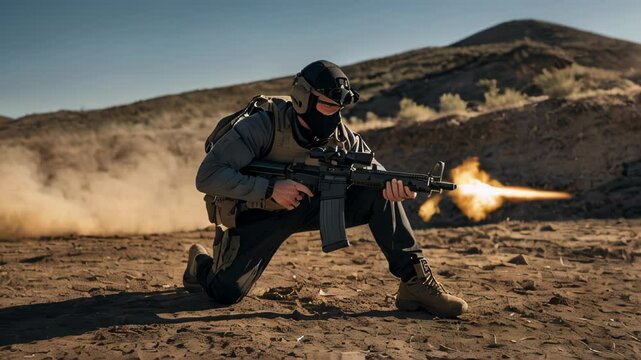 video, soldier in tactical gear aims a rifle during combat training in a desert environment, focused on target practice