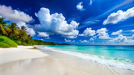 White sandy beach, blue sea and sky on a sunny day.