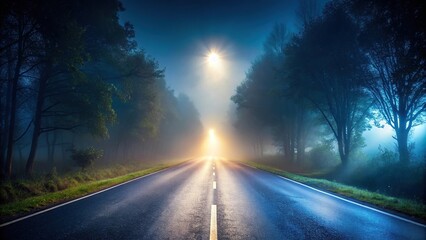 Fototapeta premium Misty road in darkness with fog in isolated background