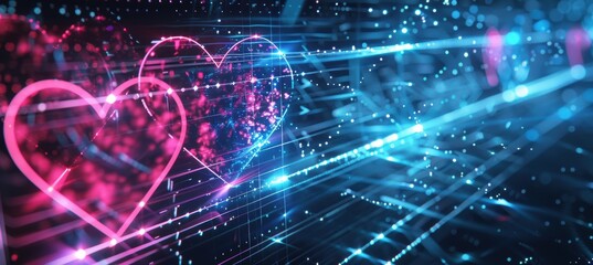 Obraz premium Futuristic Valentine's Day Background with Neon Pink and Blue Heart Symbols on a Digital Grid