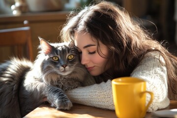 Naklejka na ściany i meble A cozy moment shared between a girl and her fluffy cat. The warm colors create a gentle atmosphere. This image reflects love and connection with pets. Generative AI