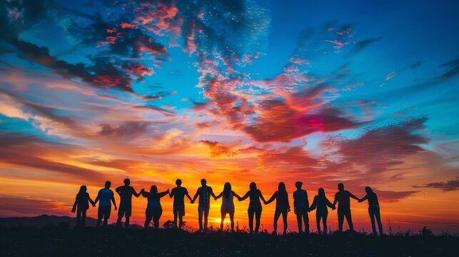 Dramatic silhouette of friends holding hands at sunset, celebrating unity and connection together