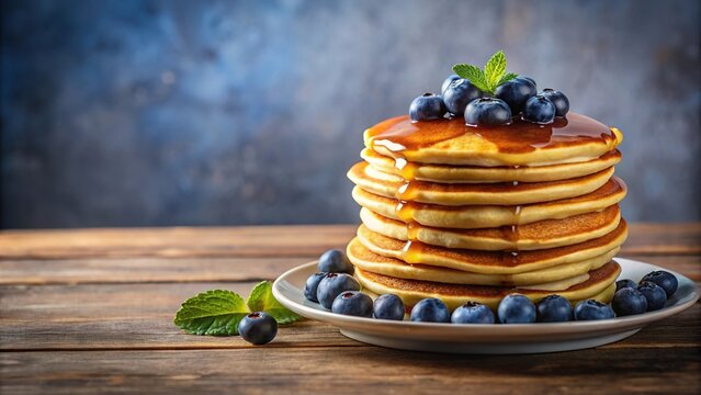 Pancake stack with blueberries and syrup on festive background