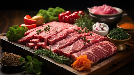 Raw Beef Steaks on a Wooden Cutting Board with Vegetables